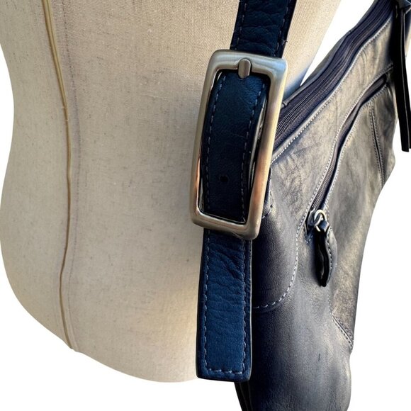 Tignanello Navy Leather Adjustable Strap Silver Color Hardware Zip Shoulder Bag - Picture 5 of 8